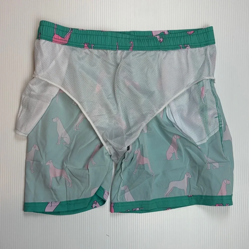 Mens Tropical Dog Print Swim Trunks Teal‎ Pink Retro Preppy Board Shorts